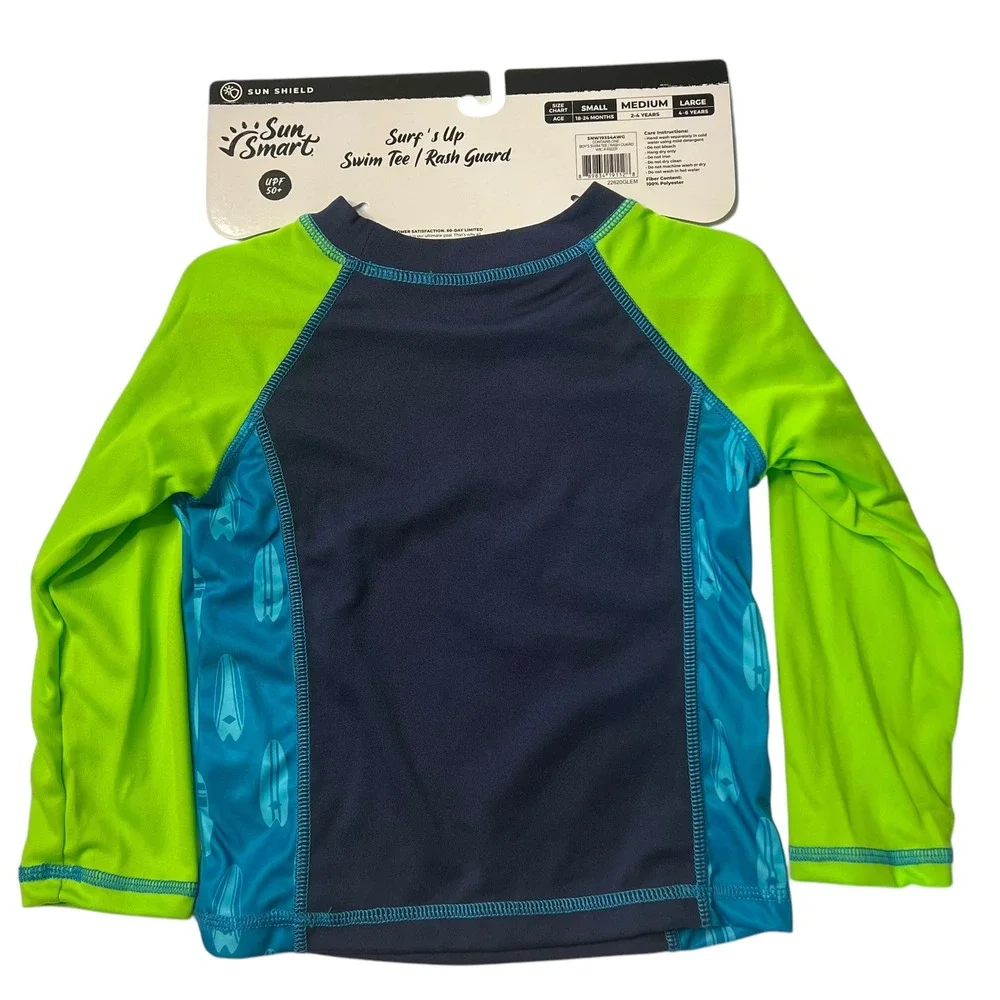 Sun Smart Boy's Rash Guard Swim Tee UPF 50+ Surf Car Graphic Green Blue Size 2-4